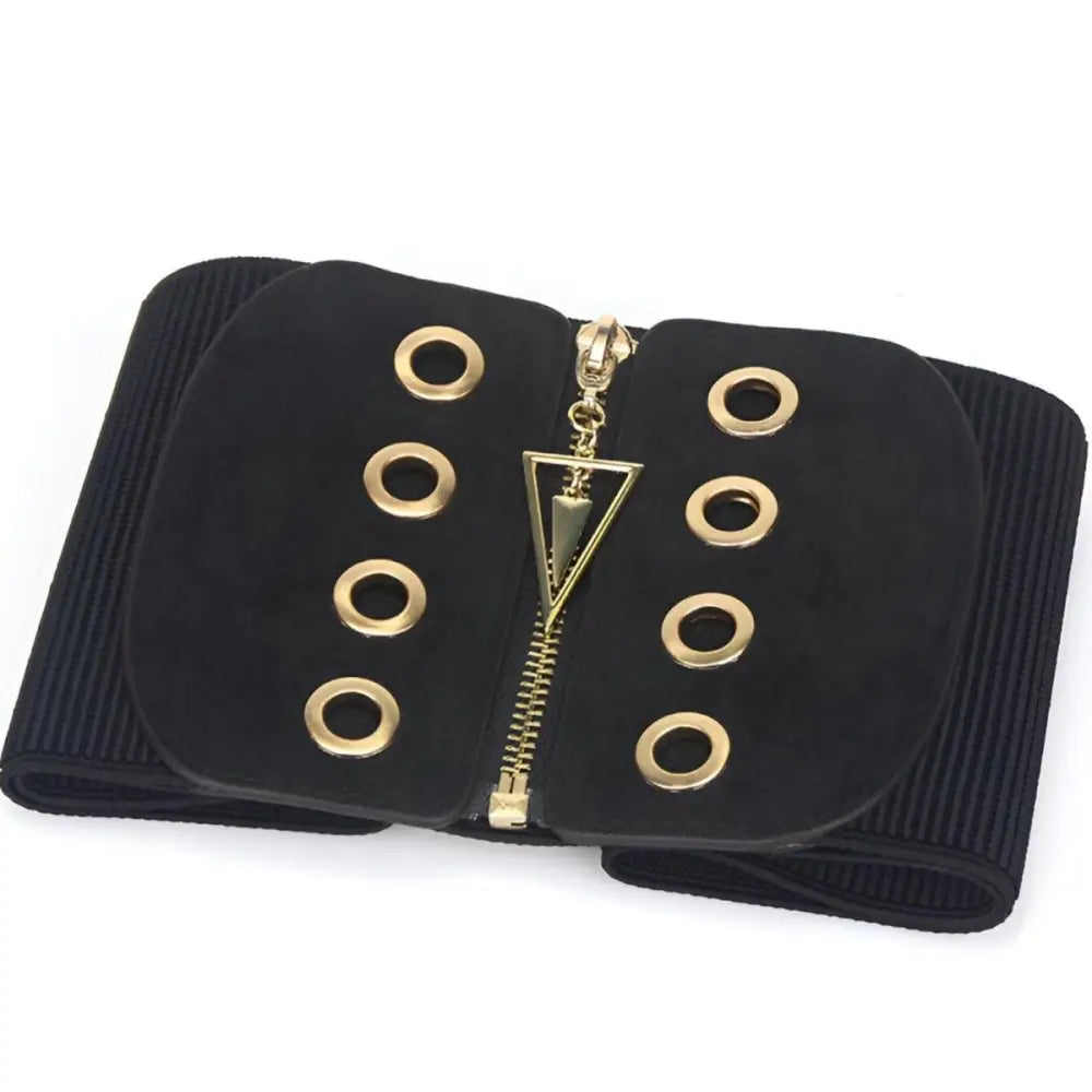 Black elastic waist belt with gold zipper and grommets for triangle zipper corset style