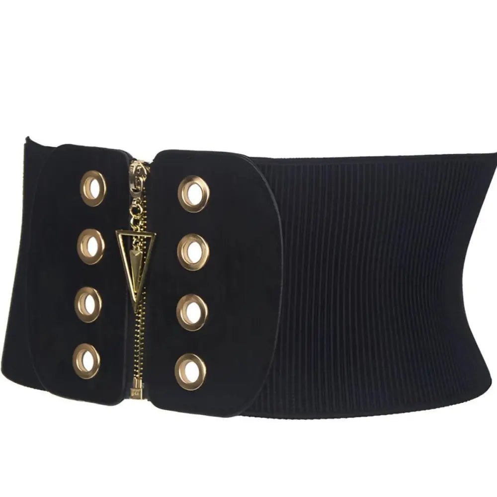 Black triangle zipper corset belt with gold zipper and grommets for elegant waist definition