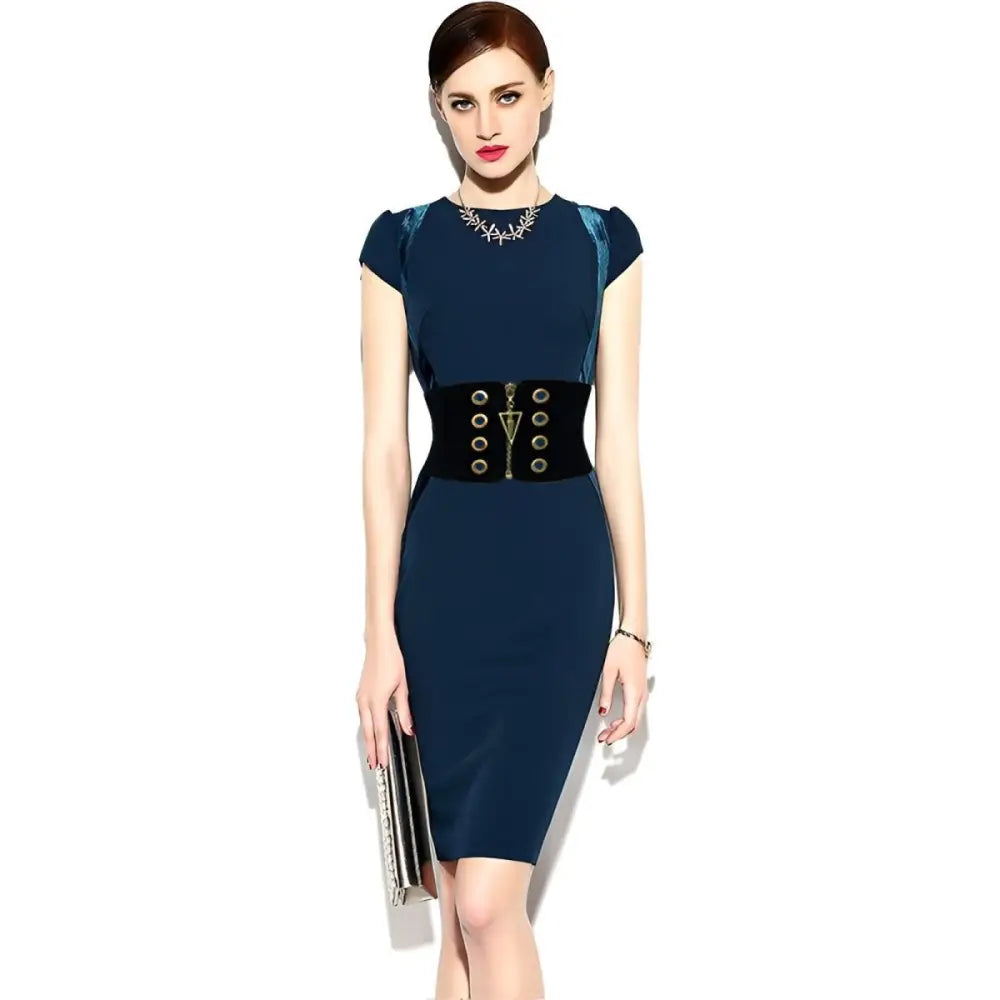 Blue sheath dress with wide black belt featuring a triangle zipper corset design