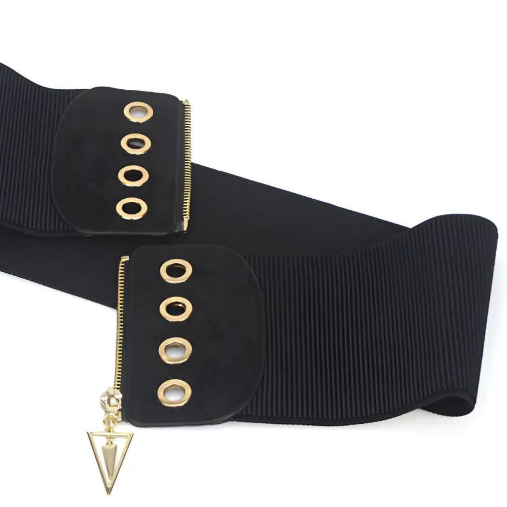 Black elastic belt with gold accents, triangle zipper corset belt for elegant waist shaping