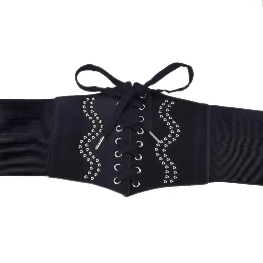 Black corset belt with silver studs and detailing, ideal for fashion accessories