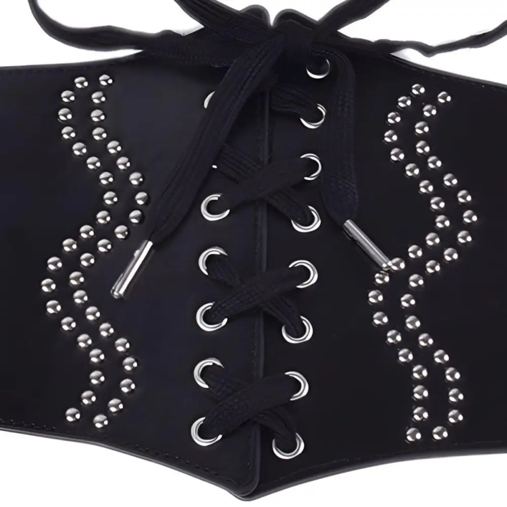 Black studded corset belt with silver detailing for a stylish fashion statement