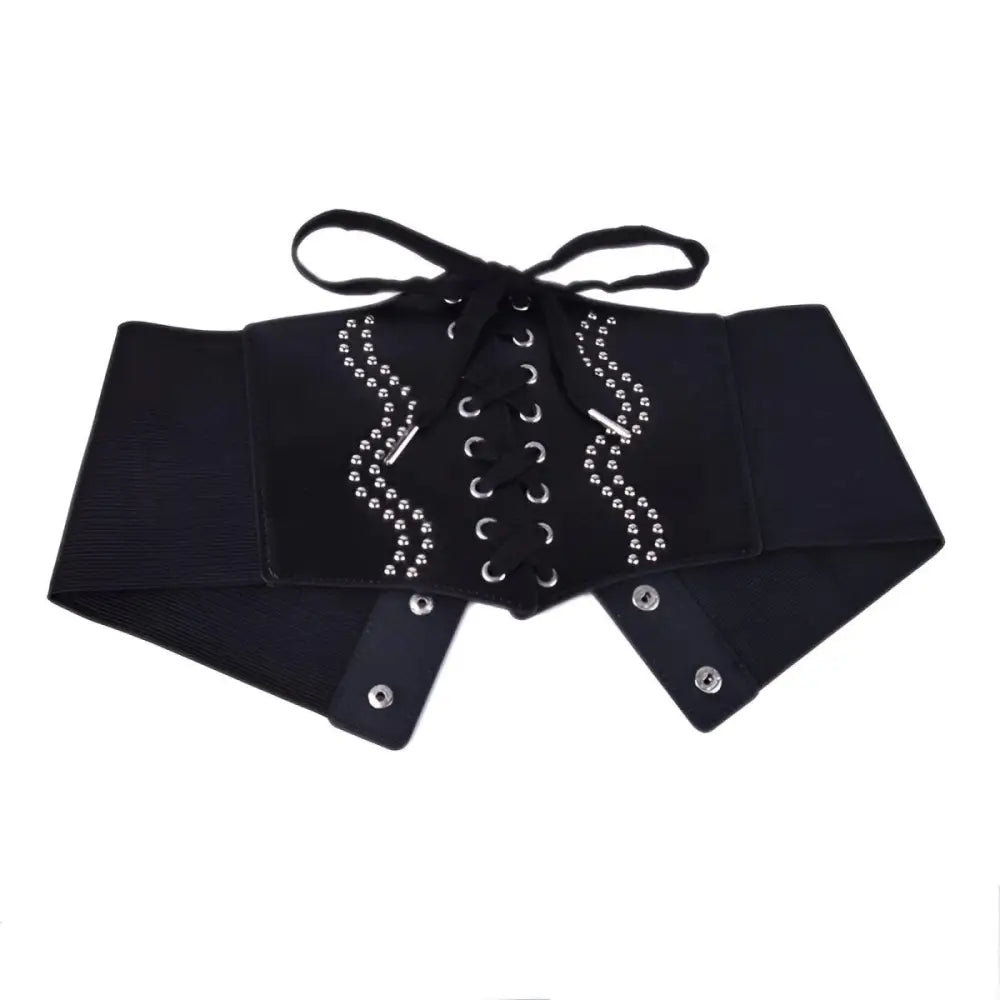 Black corset belt with silver embellishments and detailed studded design for a stylish look