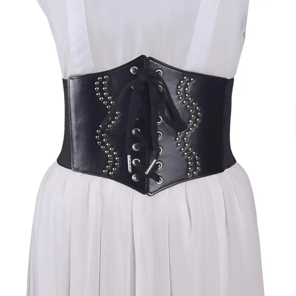 Black studded corset belt with silver detailing, stylish accessories for fashion-forward outfits