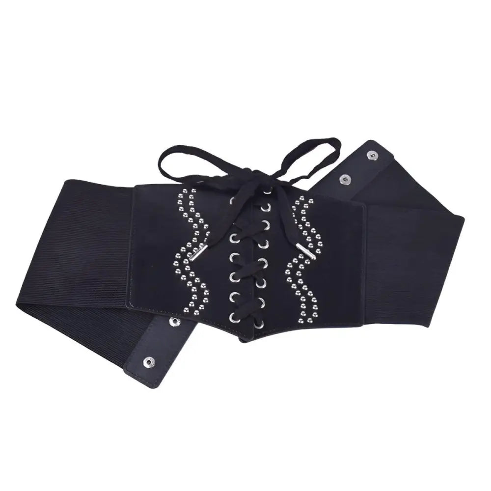 Black corset belt with silver studs and detailing, stylish accessory for fashion enthusiasts