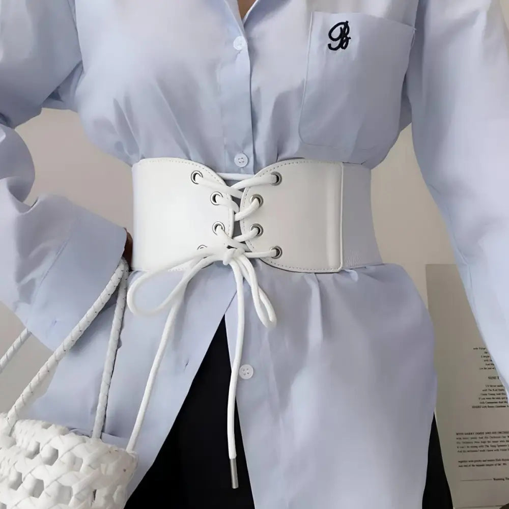 White corset belt with lace-up front for elegant styling from Black and White Corset Belt collection