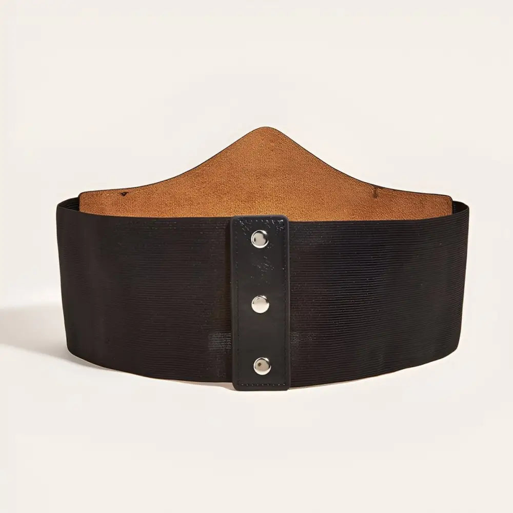 Black riveted corset belt with elastic and brown leather accent for stylish waist definition