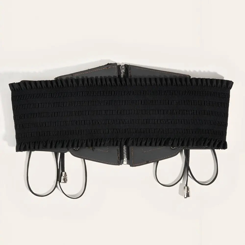 Black elastic corset belt with lace-up sides and heart zipper detail