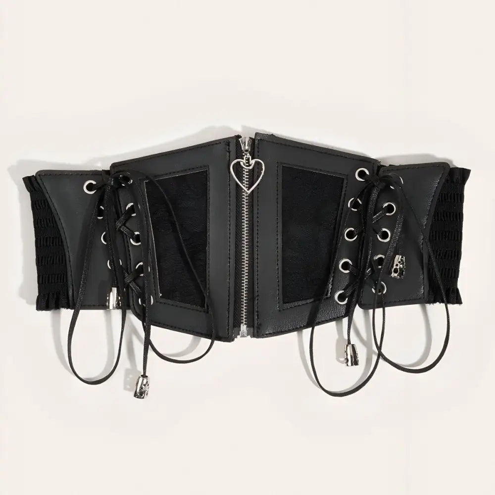 Black faux leather corset belt with heart-shaped zipper pull and lace-up sides