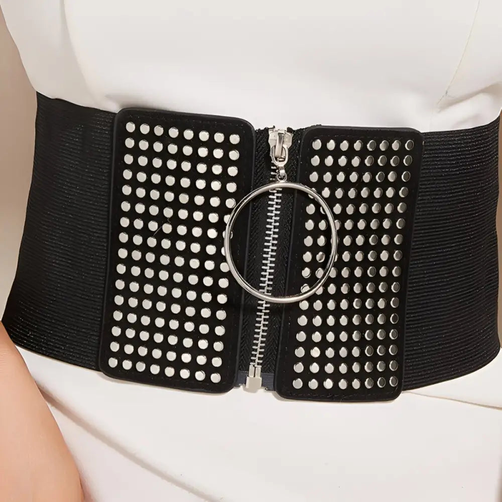 Black elastic waist zipper corset belt with studded panels and zipper detail
