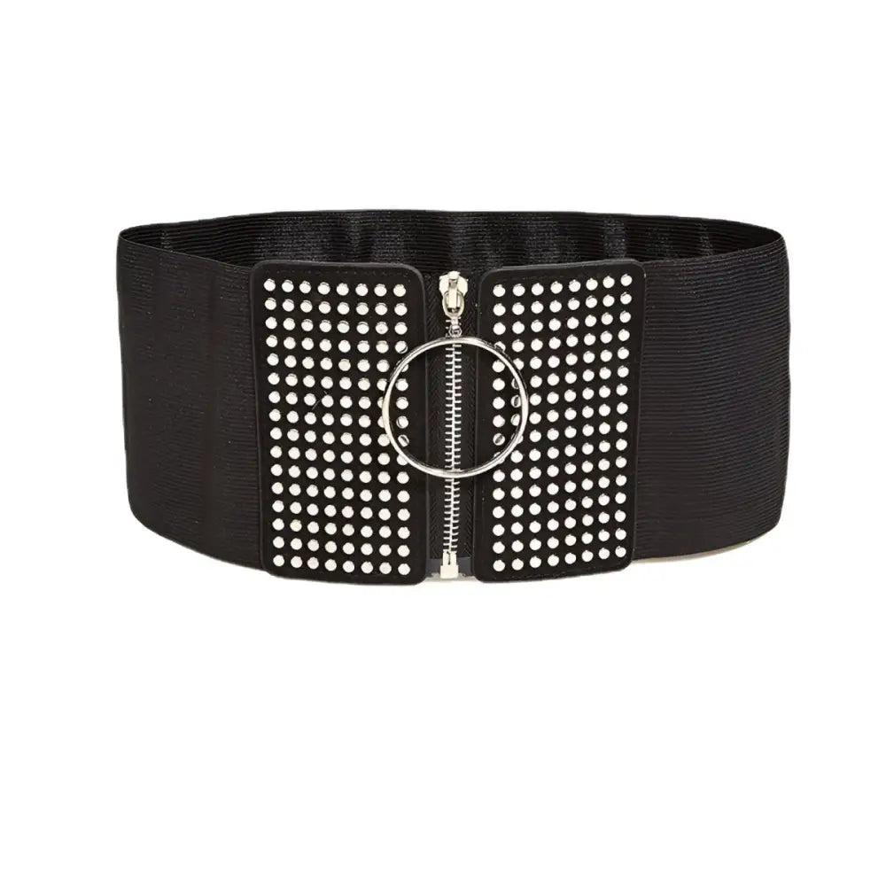 Black elastic waist zipper corset belt with studded panels for stylish corset belt fashion