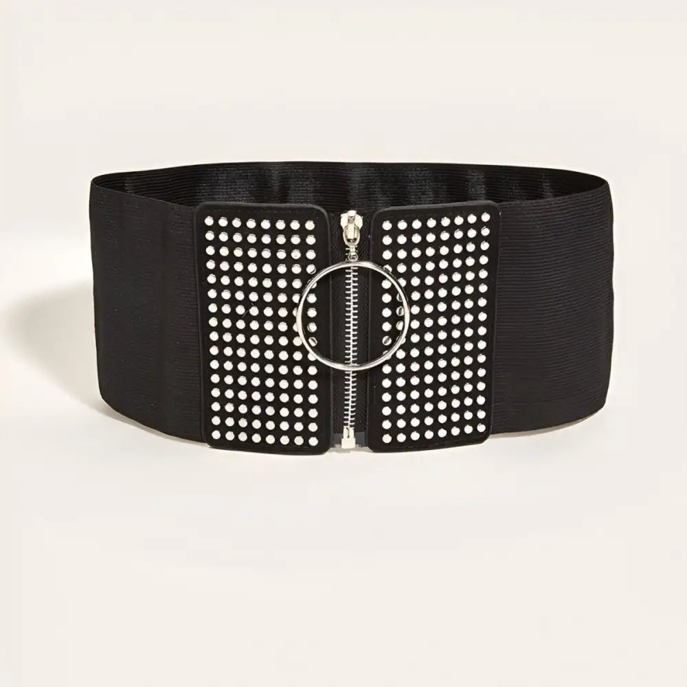 Black elastic waist zipper corset belt with studded panels for fashion and style