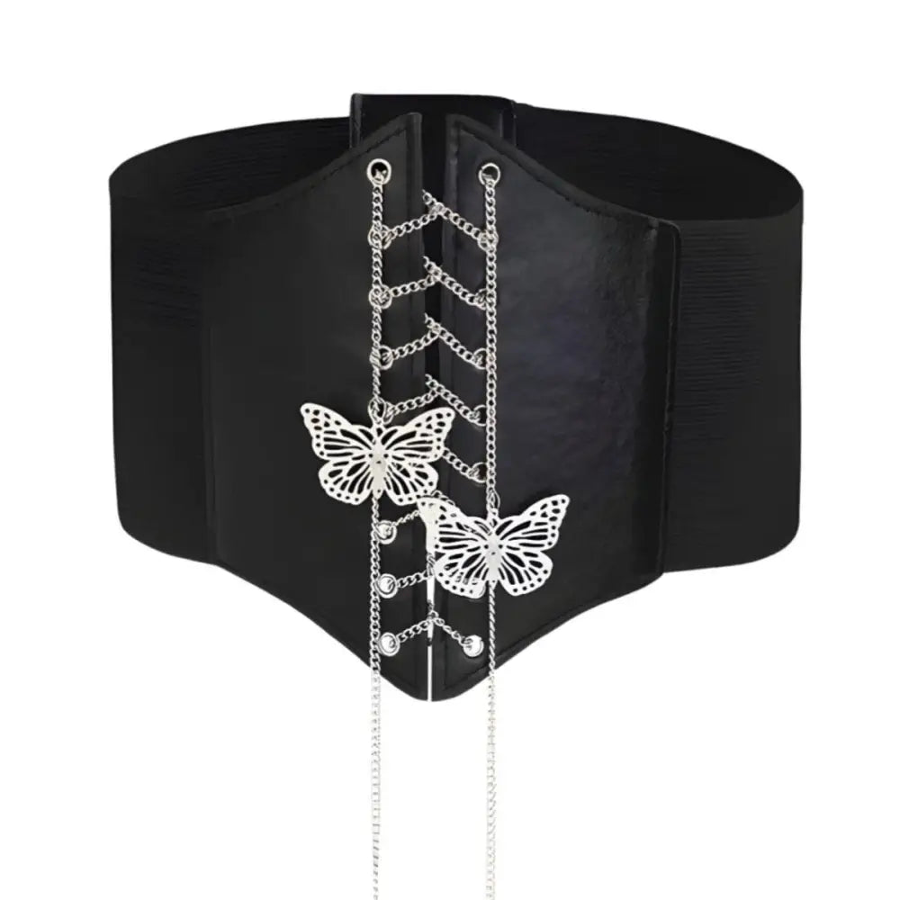 Black corset belt with butterfly chain accents for stylish wear and fashion statement