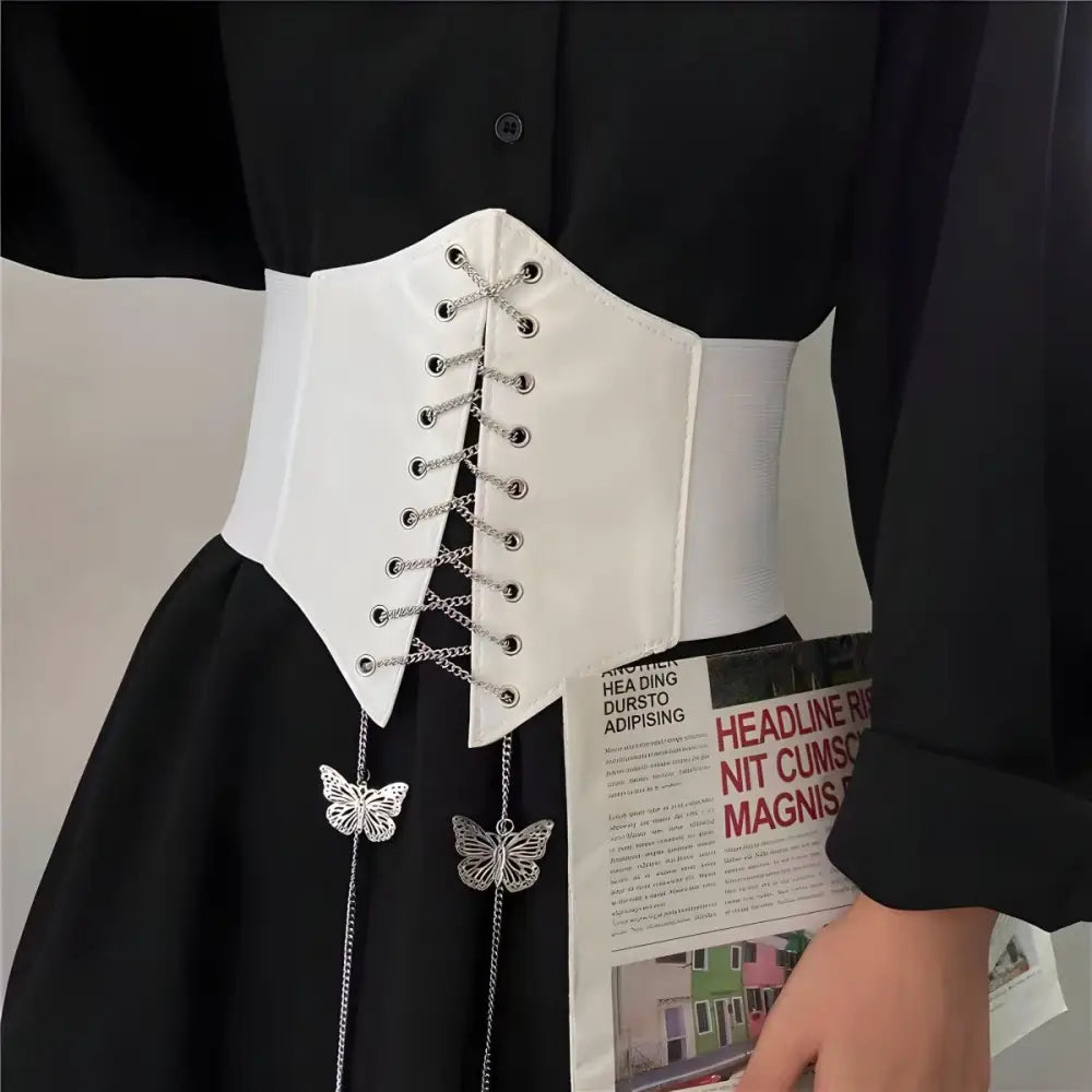 Elegant white corset belt with butterfly chain accents for stylish wear