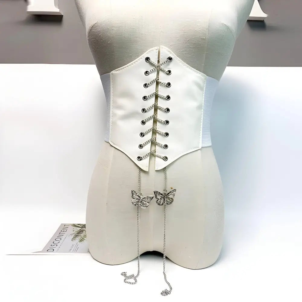 White corset belt with delicate butterfly chain accents for stylish formal wear