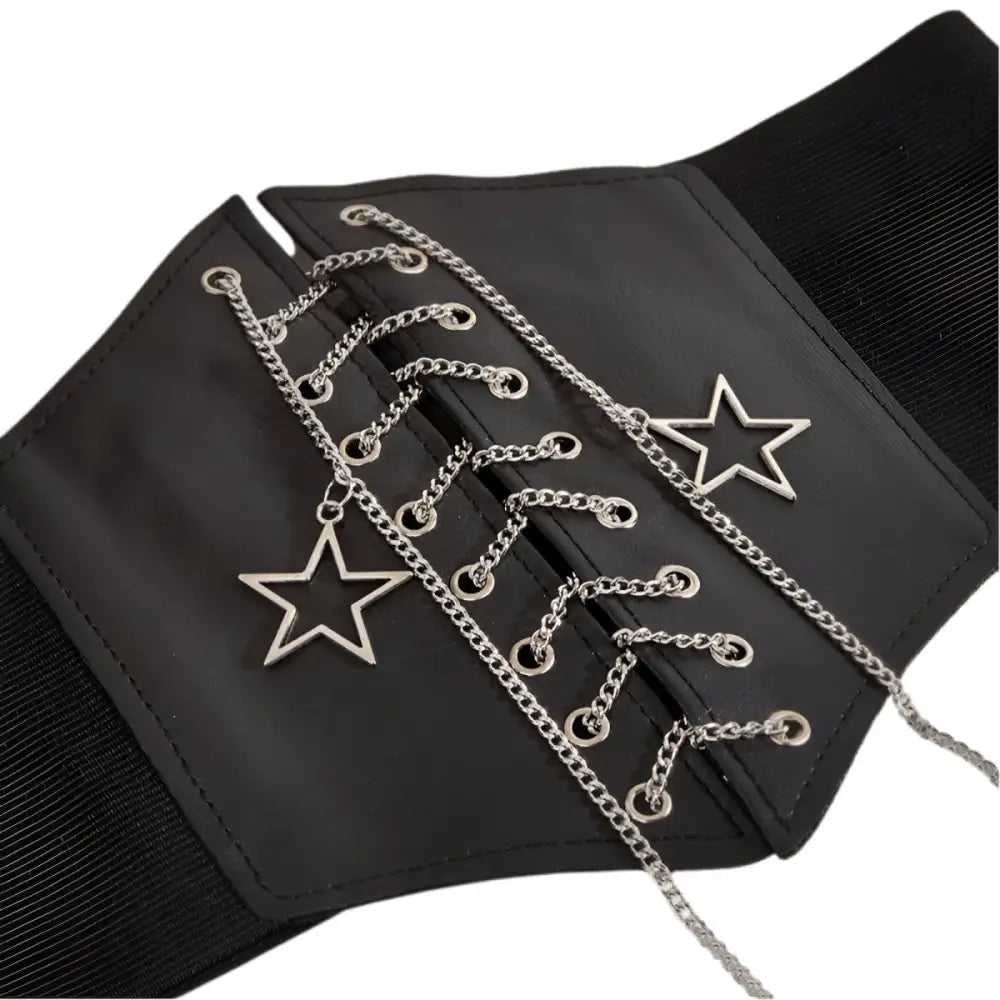 Black corset belt with star charms and silver chain accents, stylish fashion accessory