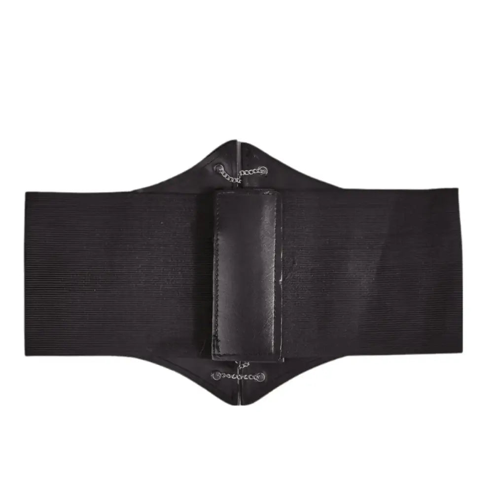 Black leather weightlifting corset belt with star charms and silver chain accents