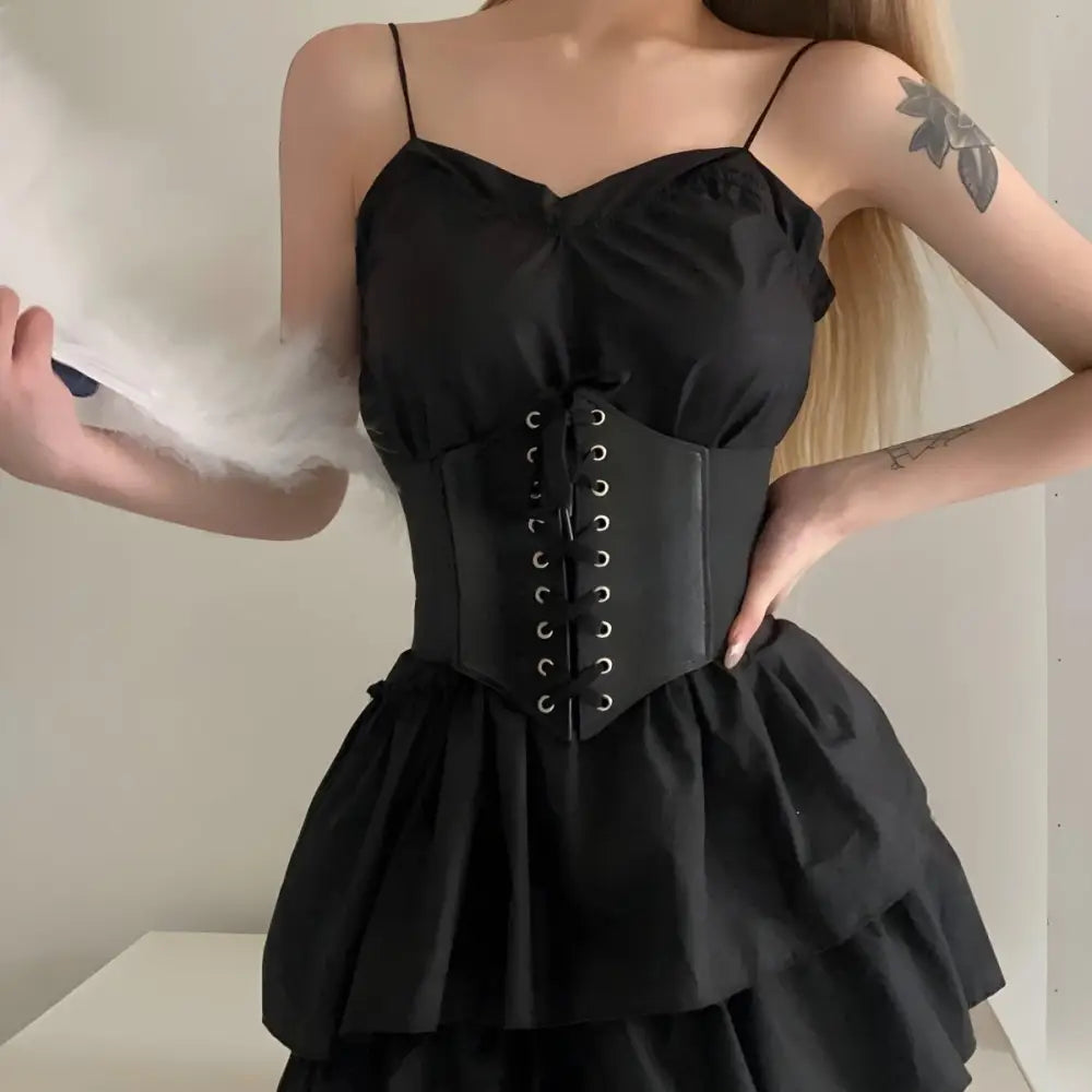Black corset dress featuring the Kayla Corset Belt from White Shirt Dress collection