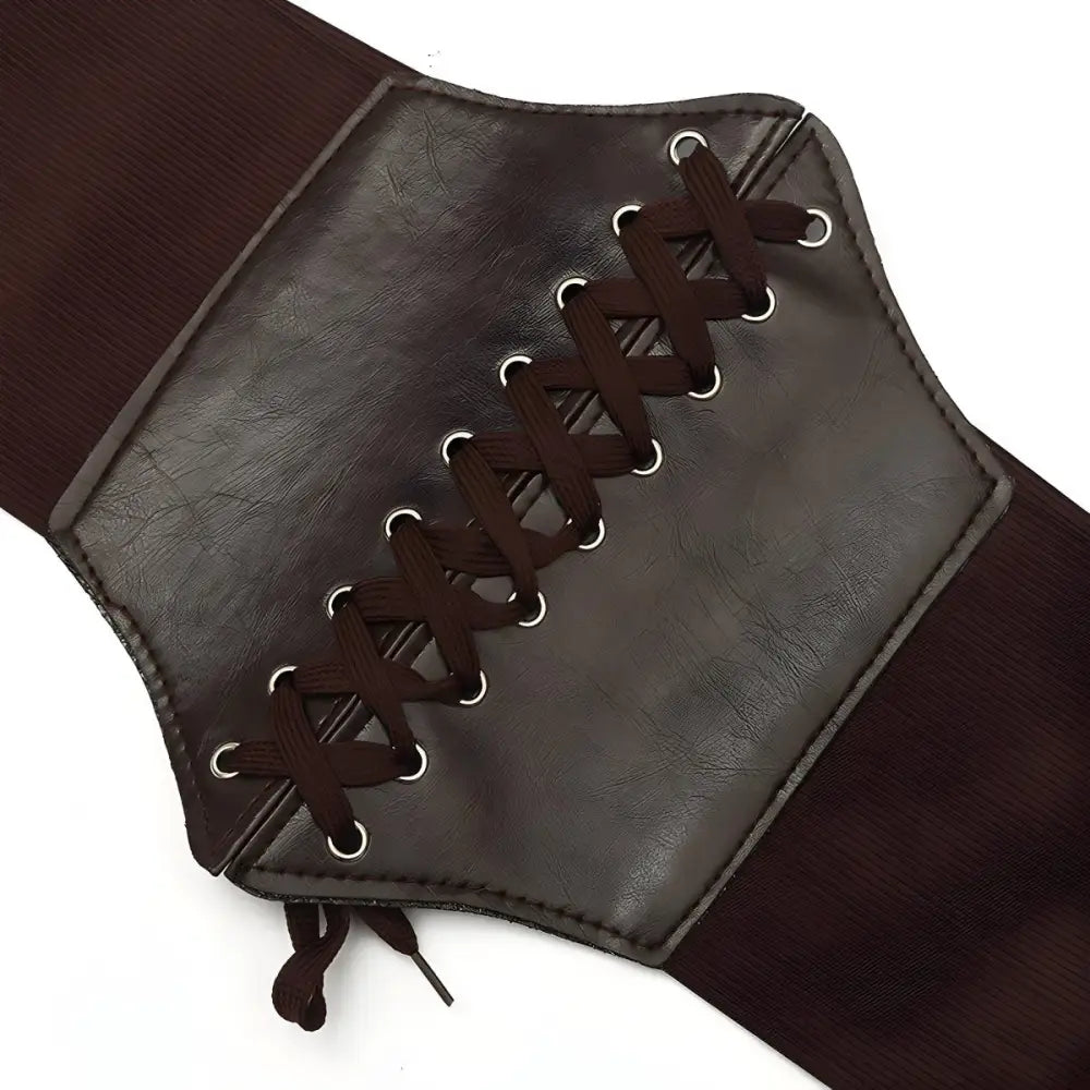 Brown faux leather corset belt from the Kayla Corset collection displayed with a white shirt dress