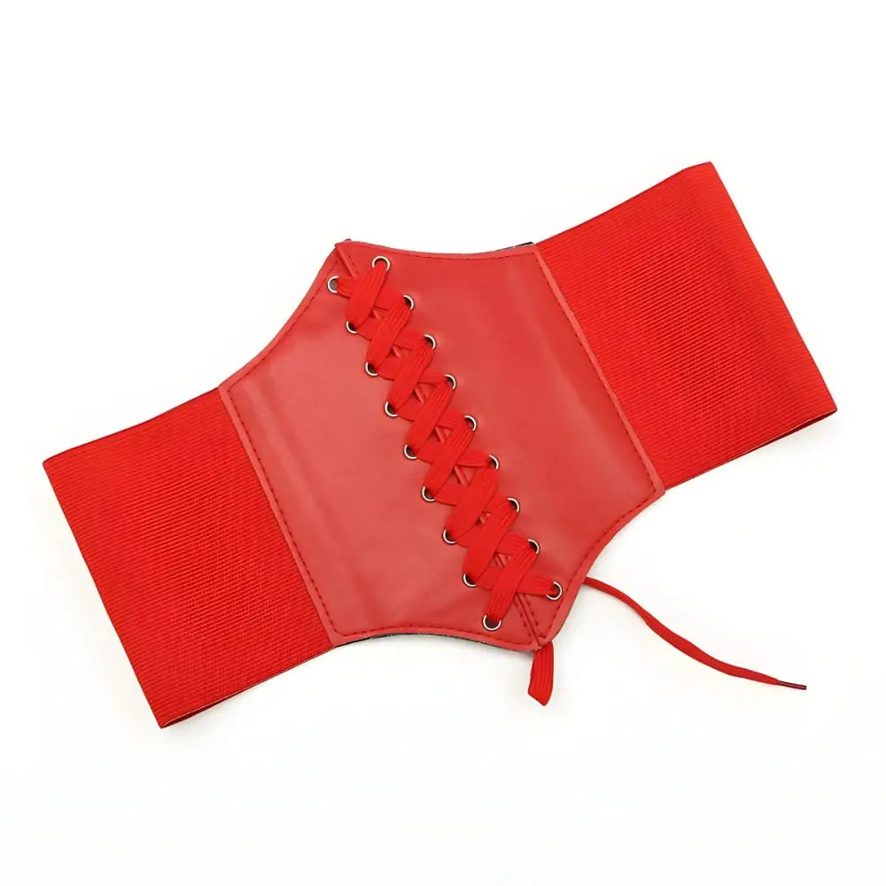 Red faux leather corset belt from Kayla Corset Belt for stylish shirt dress fashion