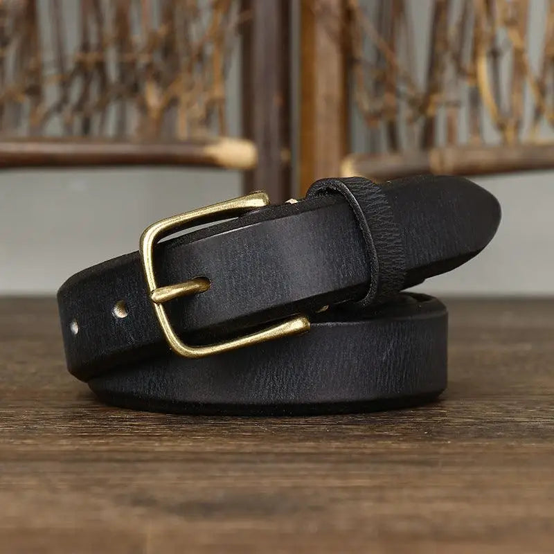 Black leather belt with a gold buckle from Assorted Leather Belts with Brass and Gold Buckles