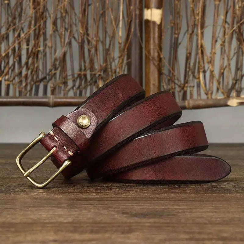Burgundy leather belt with brass buckle from Assorted Leather Belts with Brass and Gold Buckles