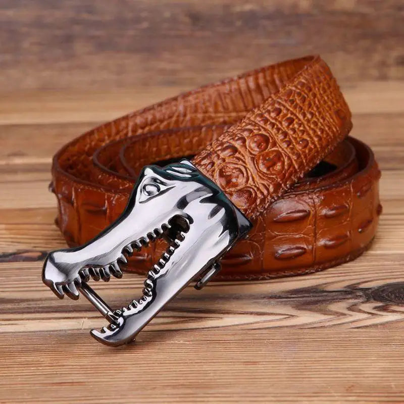 Brown crocodile-patterned Yerik Model belt with silver alligator head buckle