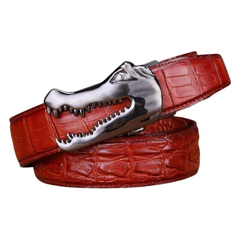 Red crocodile leather belt with silver alligator head buckle from Yerik Model