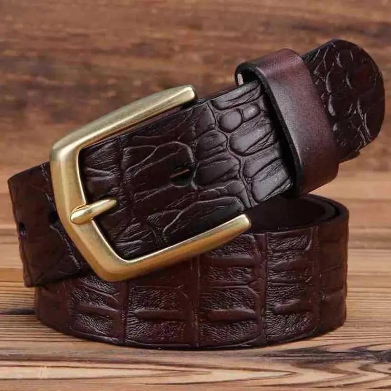 Brown crocodile-effect leather belt with gold buckle for stylish men’s accessories