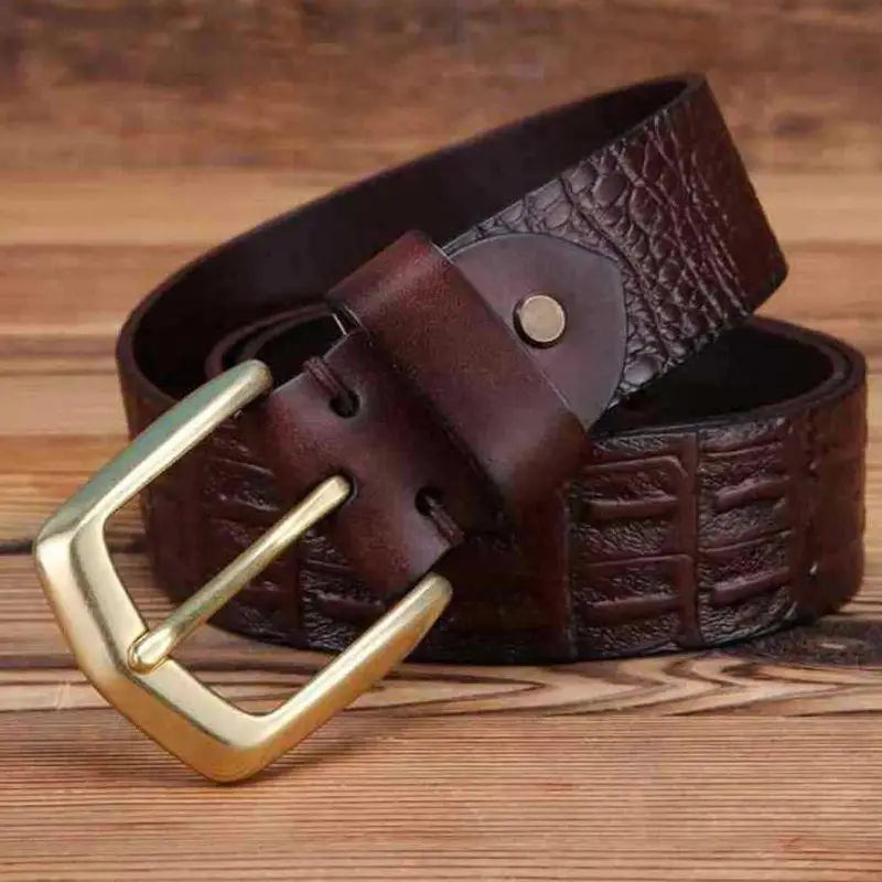 Brown leather belt with gold buckle and crocodile-effect leather design for men