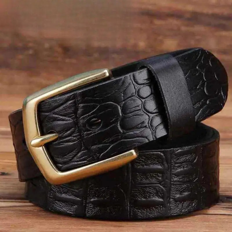 Black crocodile-effect leather belt with gold buckle for men’s fashion