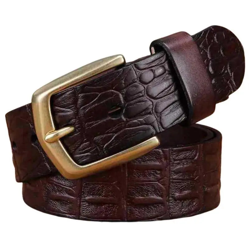 Brown crocodile-effect leather belt with gold buckle for stylish accessories