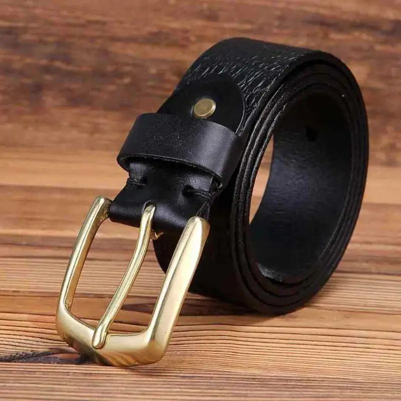 Black leather belt with gold buckle featuring crocodile-effect leather design