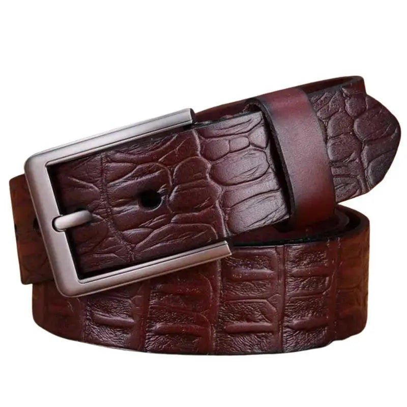 Brown crocodile-patterned leather belt with silver buckle for casual and formal wear