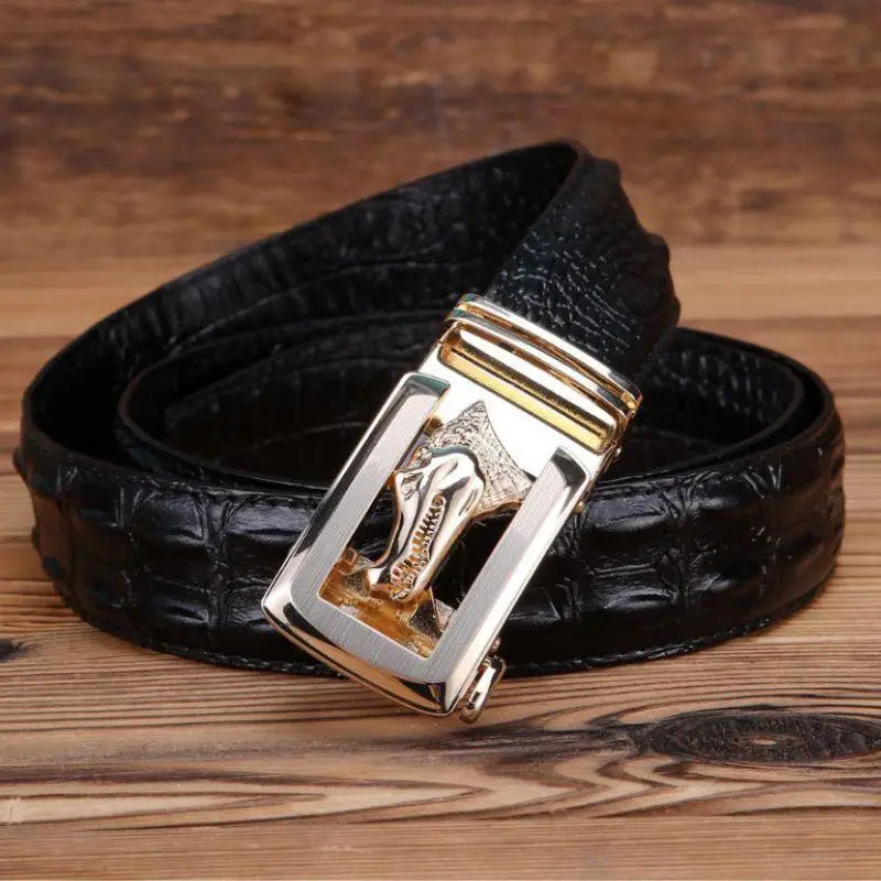 Black crocodile leather Ravil Belt featuring silver and gold elephant buckle