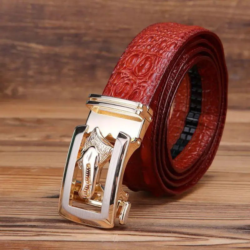 Red crocodile-patterned ravil belt with gold elephant buckle for elegant style