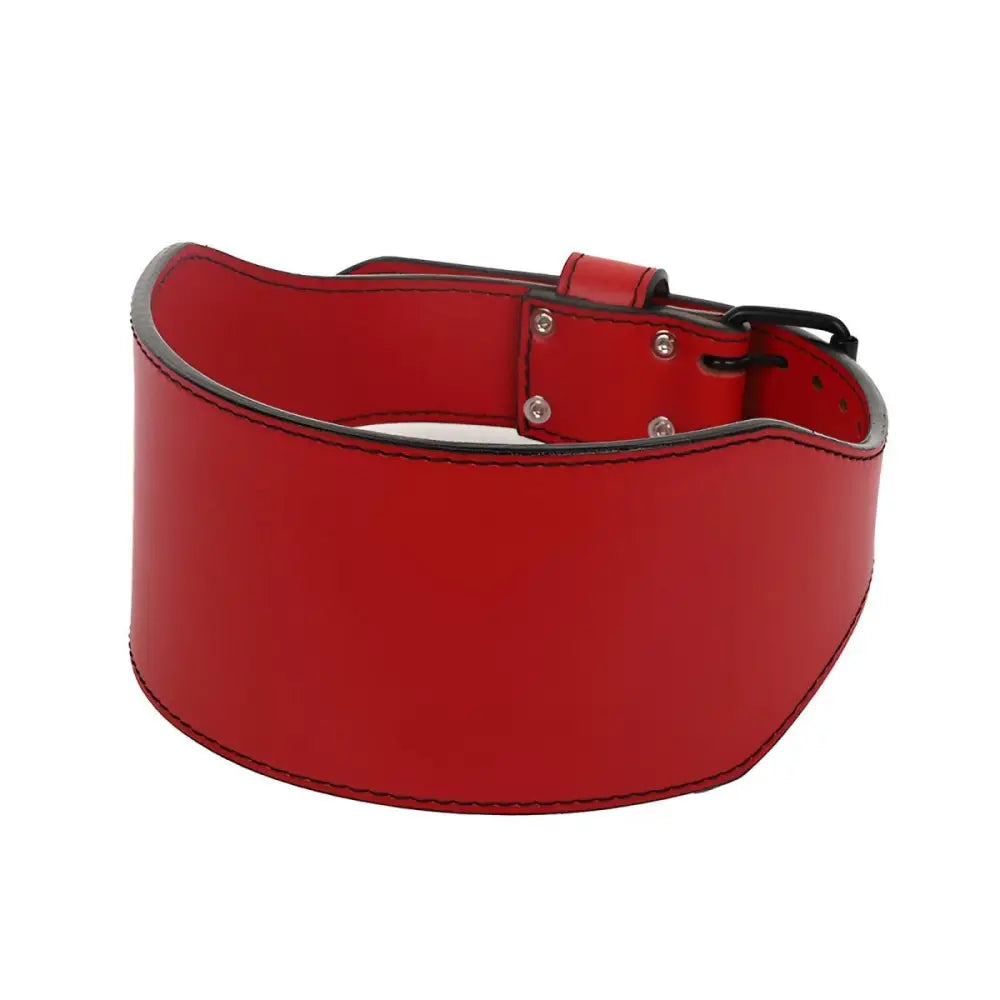 Red leather weightlifting belt with double prong design for strength and support