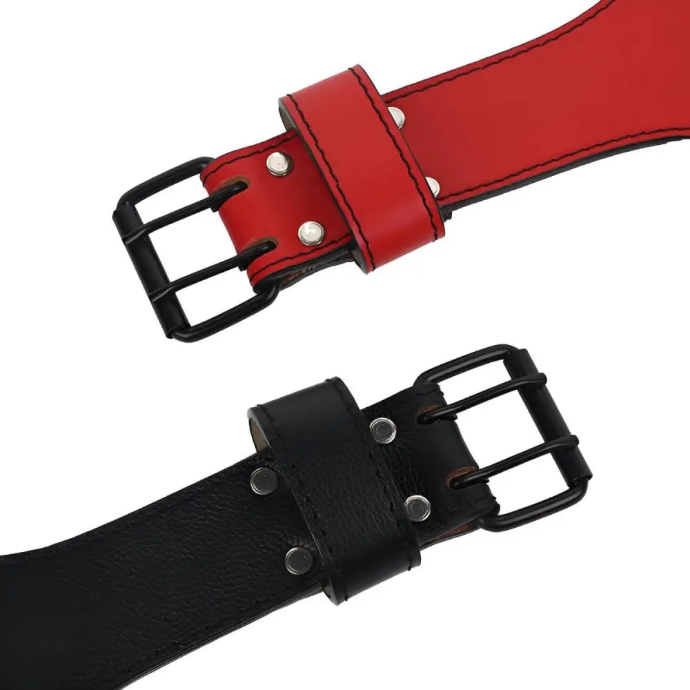 Red and black leather double prong strength belt for weightlifting fitness training