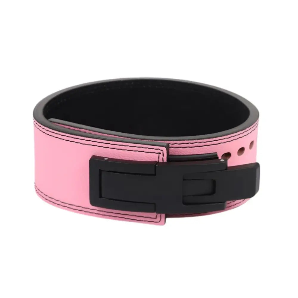 Pink leather powerlifting belt with black buckle from Morgan Model for strength training