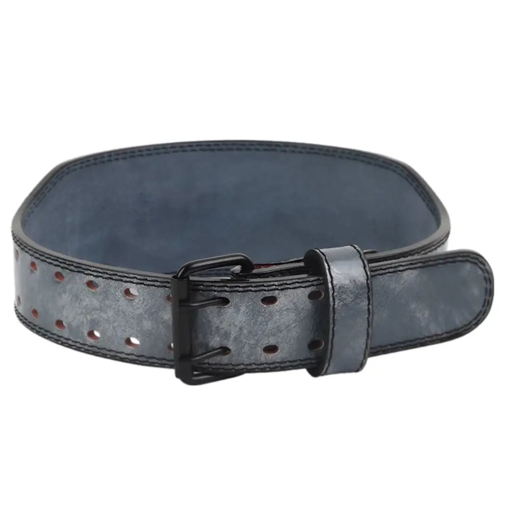 Gray leather weightlifting belt from Aubin Model with buckle for support