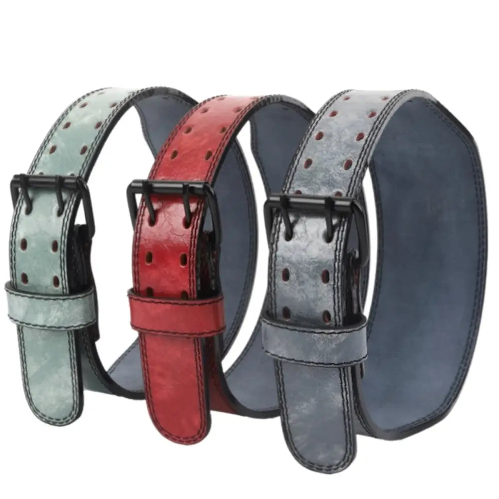 Aubin Model red and gray leather weightlifting belt with buckle displayed in image