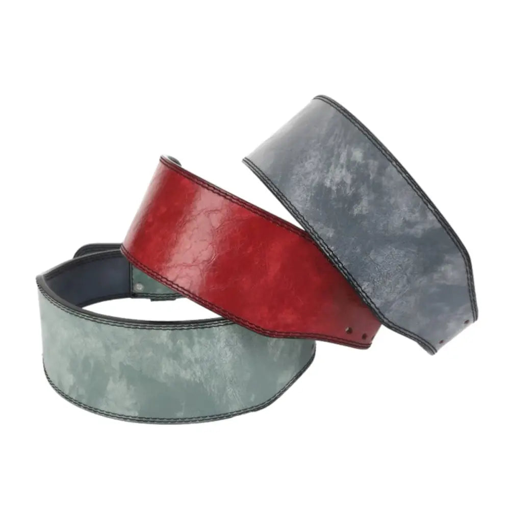Stacked Aubin Model red and gray leather weightlifting belts with buckles