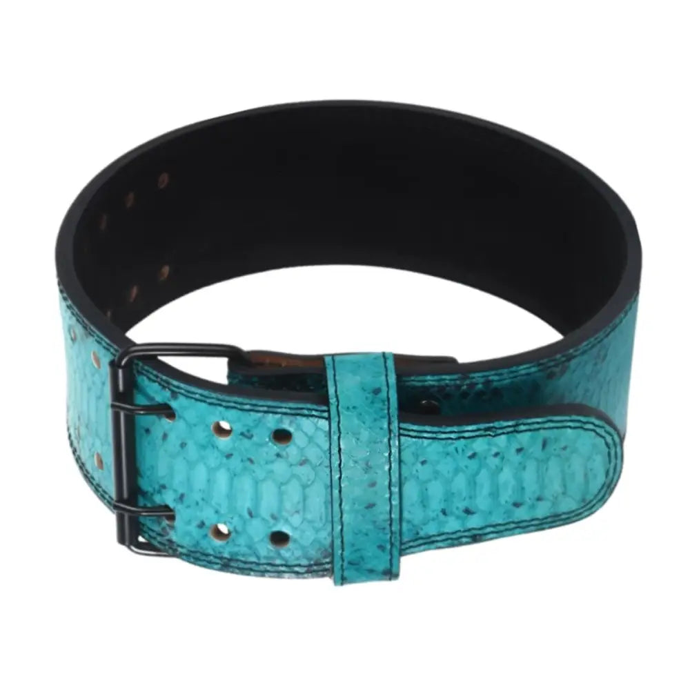 Turquoise snakeskin Armell leather powerlifting belt for enhanced support and durability