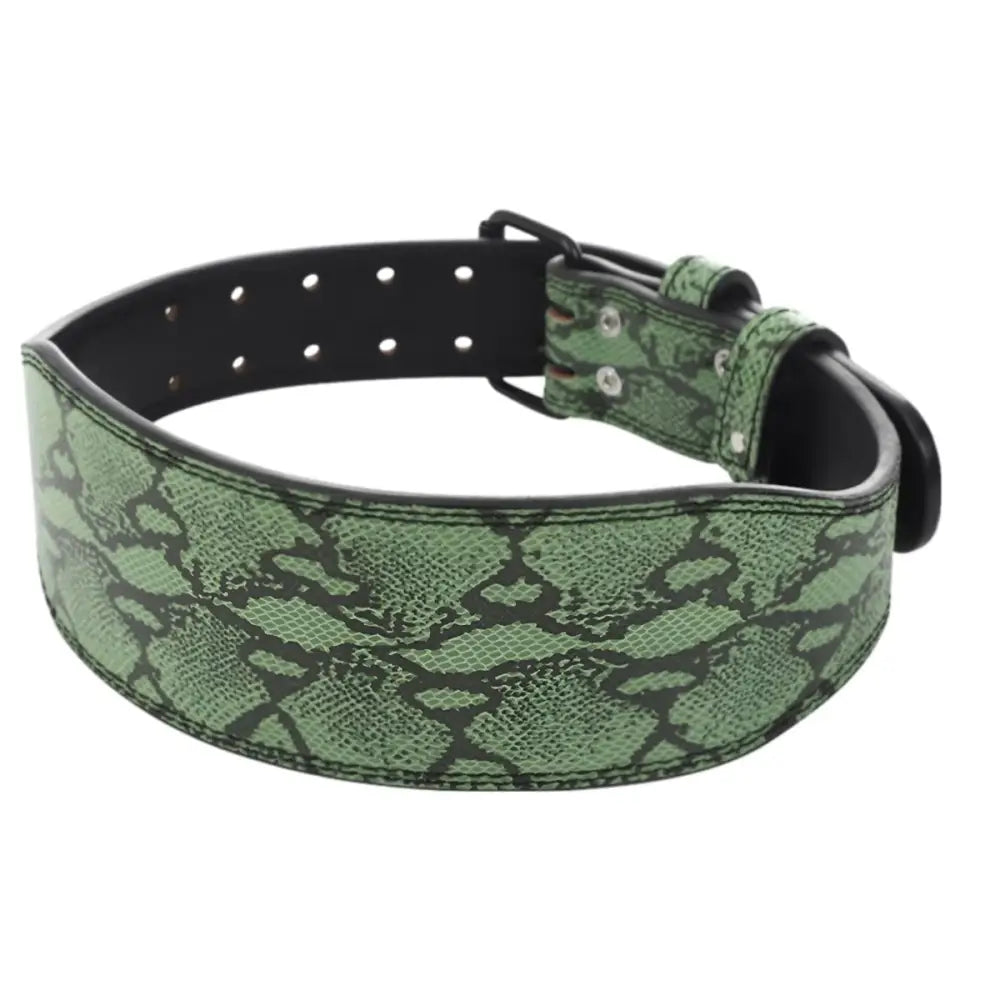 Green snakeskin leather strength belt with patterned design for weightlifting