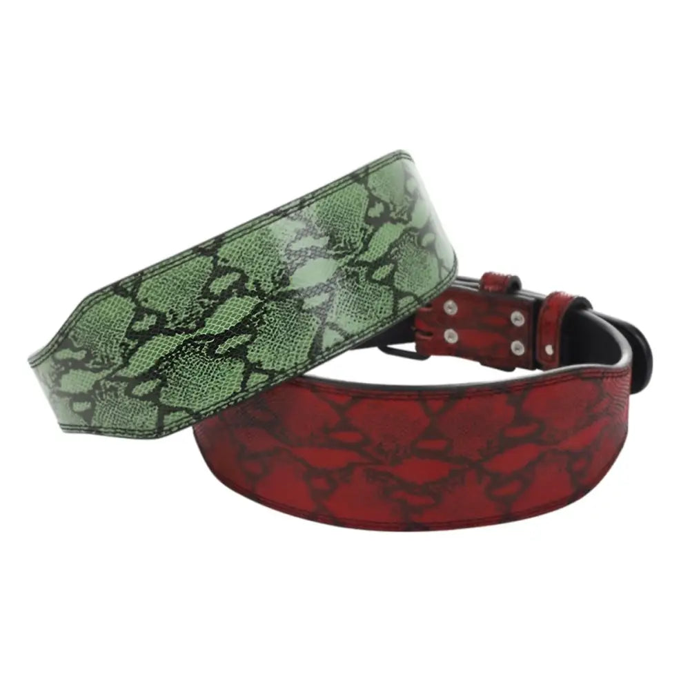 Pair of patterned leather strength belts designed for weightlifting and durability