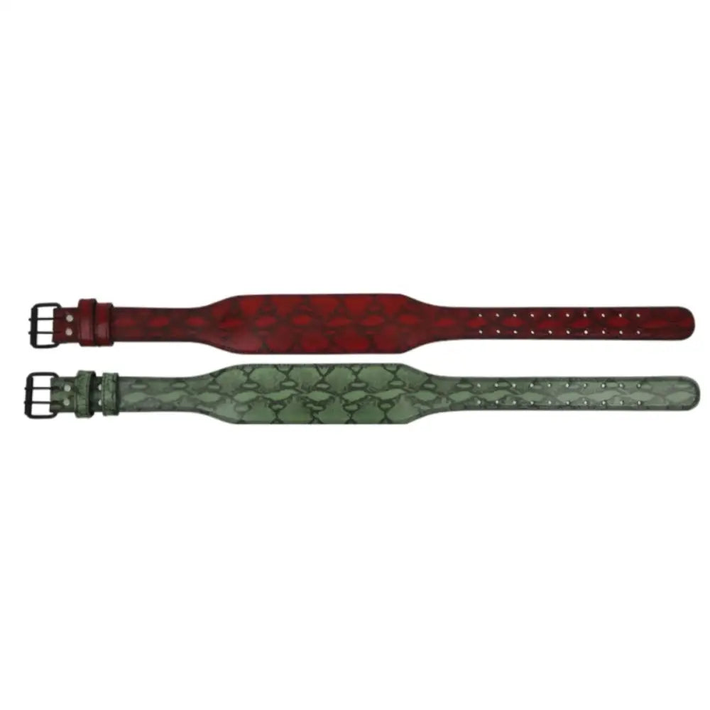 Two leather strength belts with patterned designs for weightlifting training