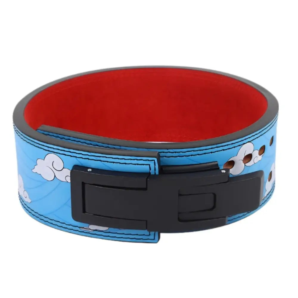 Blue and red leather powerlifting belt with black buckle for weightlifting and strength training