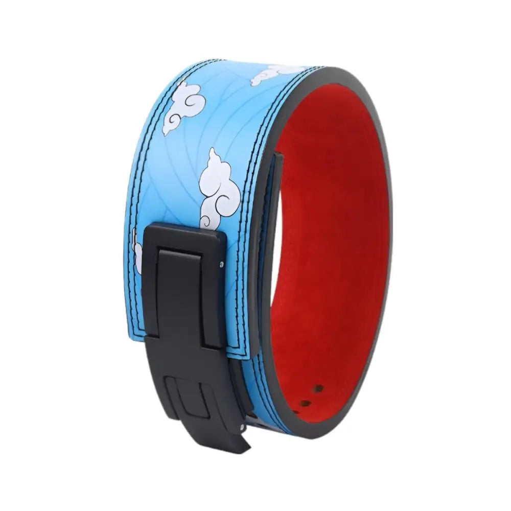 Blue and red leather powerlifting belt with black buckle from Victor Model