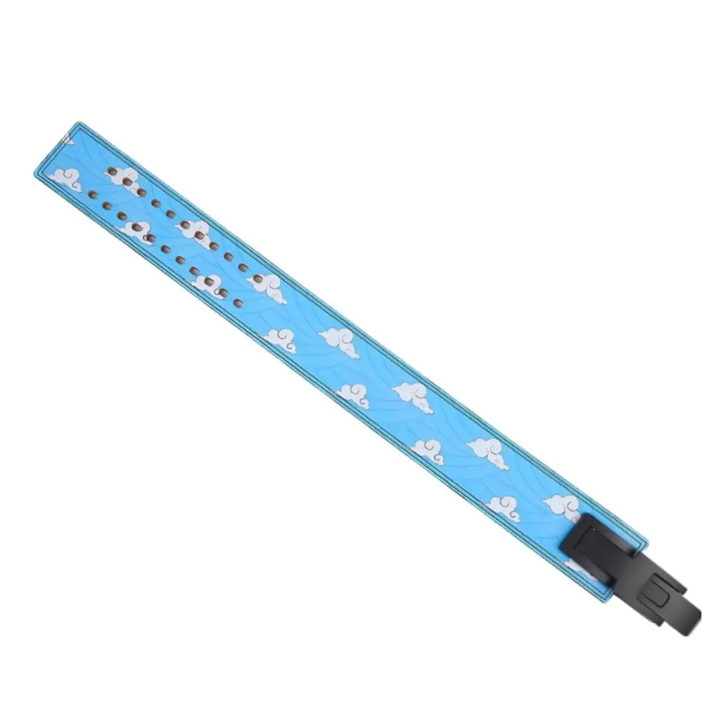 Blue cloud-patterned guitar strap with leather powerlifting belt and Black Victor model buckle