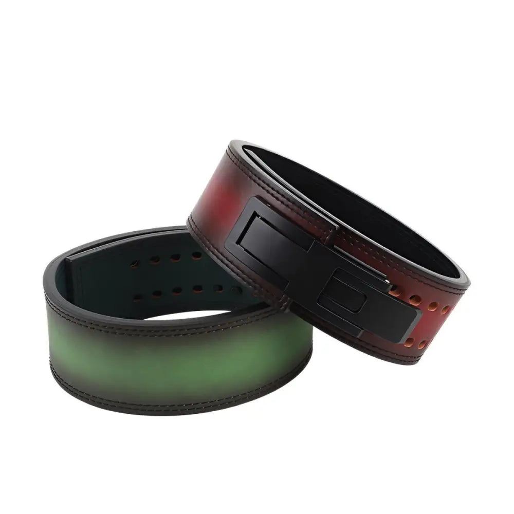 Two color gradient Max Leather Lifting Belts in Green and Red Black for heavy lifting